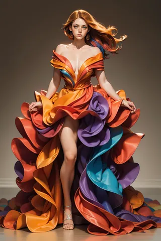 A full-body portrait of a freckled woman with long ginger hair wearing a flowing multicolored gown with vibrant orange, purple, and blue ruffles.