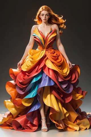 Woman with long ginger hair and freckles wearing a flowing multicolored gown with vibrant layers of orange, yellow, red, blue, and purple fabric in front of a dark background.