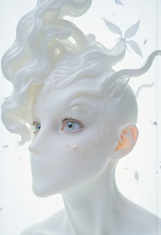 Closeup surreal portrait of a woman with luminescent pale skin, piercing blue eyes, and flowing platinum-white hair against a white background with white ashes falling.