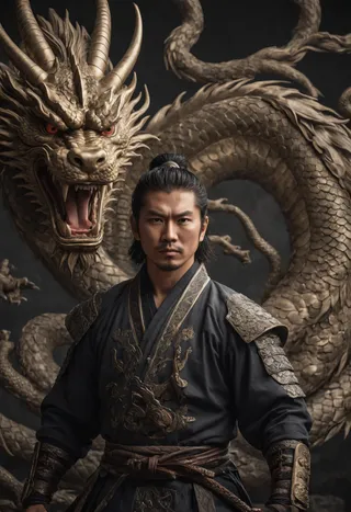 Highly detailed image of a samurai in traditional armor with a fierce Chinese dragon coiled in the background, lit with dramatic volumetric lighting.