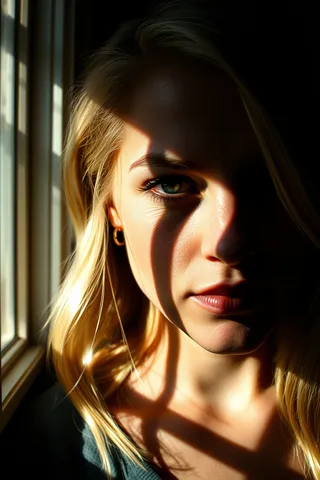 Close-up photorealistic portrait of a blonde woman partially lit by deep golden light with dramatic shadows cast by a window frame, showing a pensive expression.