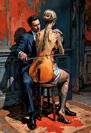 Surreal digital illustration of a man in a suit playing a cello merged with a tattooed woman sitting on a stool, her back transforming into the instrument's body with strings running along her spine, set against a textured, dark wall and patterned floor.