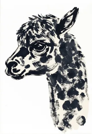 Black and white brushstroke painting of an alpaca's head in profile with fluffy fur and soulful eyes on a white background.
