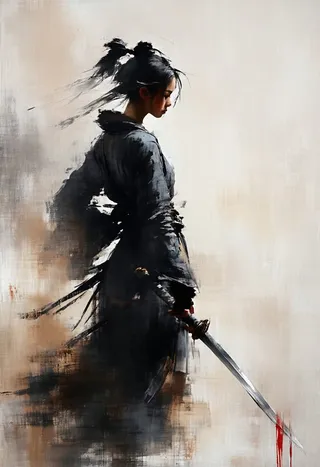 Abstract warrior woman in dark layered clothing holding a bloodied sword, painted with expressive brush strokes and muted tones of gray and brown.
