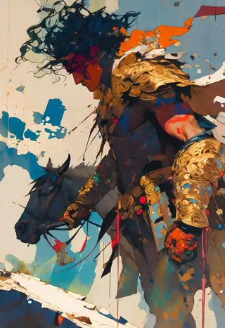 A bulging warrior in mismatched gladiator armor with golden gauntlets, standing next to a black horse, rendered in an impressionistic and dadaistic collage style with vibrant colors and luminous skin.