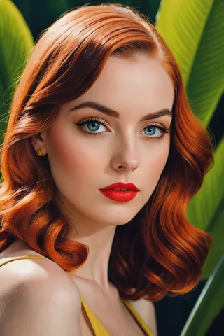 Portrait of a woman with vibrant red hair, blue eyes, and bold red lipstick, styled in a vintage 1950s look with detailed skin and dramatic lighting.