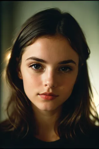 Close up portrait of a young European woman with black hair and pale skin, featuring warm colors and 1950s analog photo style with remarkable color grading.