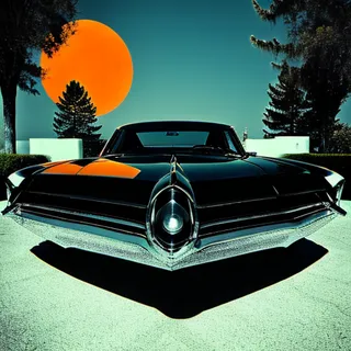 Digital illustration of a black vintage sports car on a checkered floor against a blue and orange retro futuristic background with an orange sun and trees.