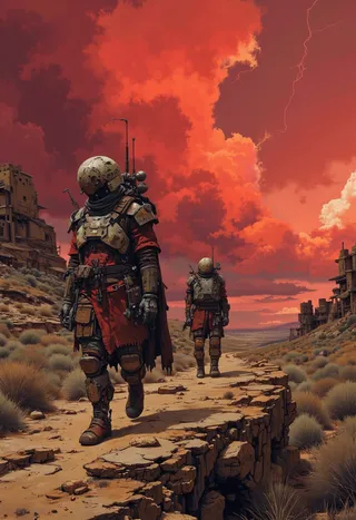 Two post-apocalyptic wanderers clad in scavenged armor walk through a cracked desolate wasteland path under a crimson sky with distant thunderstorms brewing.
