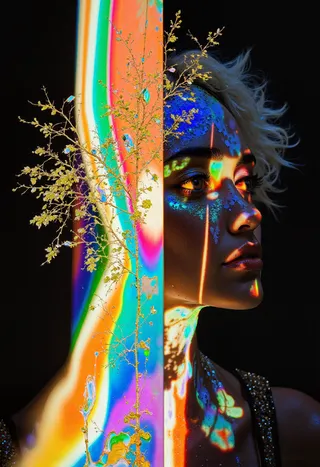 A striking portrait of a woman featuring double exposure with dramatic lighting, prismatic effects, lasers, cracks, and a burning rainbow dividing the image.