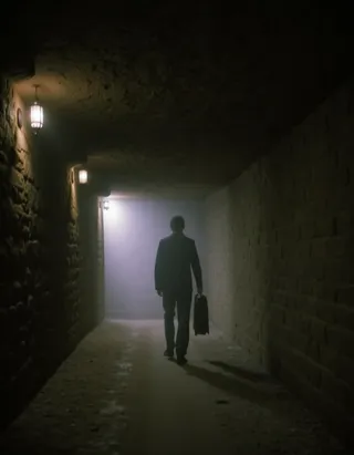 A dimly lit, foggy cave tunnel with stone walls and hanging lights, showing a shadowy man holding a suitcase walking away in the distance.