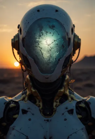 Close-up of a desolate female cyborg robot with a scratched, softly glowing holographic faceplate illuminated by a warm sunset in a dystopian background.