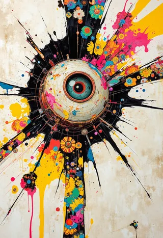 Vivid abstract art featuring a large central eye-like orb bursting with colorful flowers and splashes through a tear in a black fabric representing space and time.