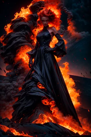 A powerful sorceress with fiery glowing red eyes and flaming red hair stands amid erupting lava and smoke, wearing an elegant black and red lava gown with detached long gloves and a corset, surrounded by flying debris and a dramatic fiery aura.