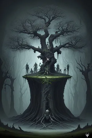 A dark fantasy tree of death with eerie silhouettes around its trunk, twisted branches, and a corpse embedded in its roots in a foggy forest.