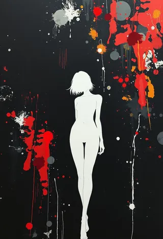 A white silhouette of a young woman standing against a black canvas with vivid red, orange, white, and gray abstract paint splashes and smudges, evoking a neo-abstract style inspired by Yoji Shinkawa.