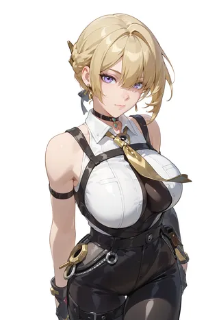 Anime character Evelyn from Zenless Zone Zero with blonde hair, purple eyes, wearing a white sleeveless shirt, black bodysuit, yellow necktie, and jewelry