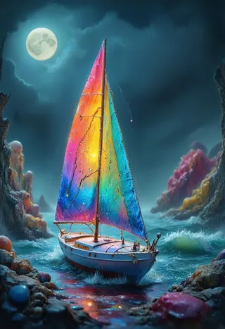 A vibrant colorful sailboat with a rainbow sail sails through a surreal moonlit cityscape with rocky formations and an eerie sea under a big luminous moon