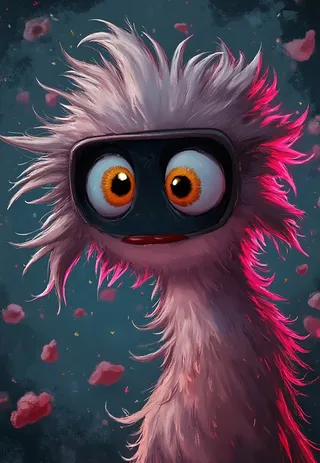 A whimsical digital creature with fluffy light pink fur and large bright orange eyes set against a dark, space-themed background with floating pink particles and colorful lighting.