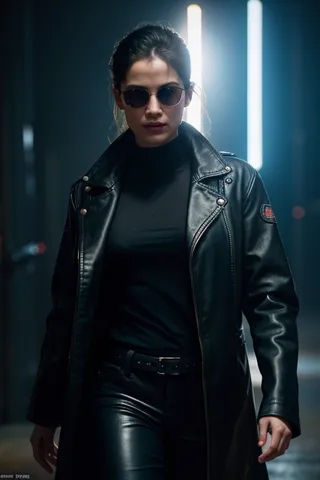 Photorealistic cinematic portrait of a woman wearing sunglasses and a black leather jacket, illuminated with dramatic and volumetric lighting on a dark background.