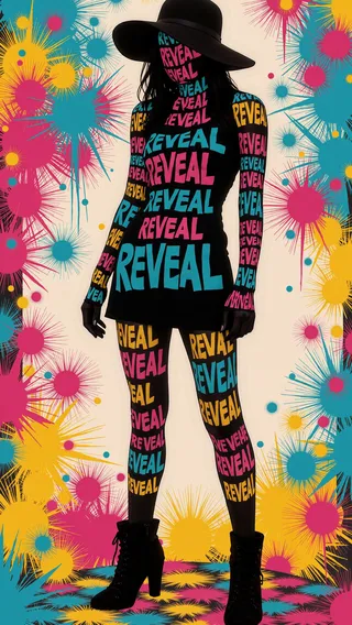 Silhouette of a punk woman filled with colorful graffiti text 'REVEAL' in blue, pink, and yellow with a vibrant spiky background.