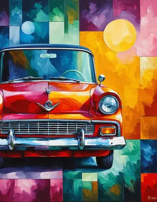 An abstract oil painting of a vibrant red 70s vintage car with colorful geometric blocks in the background.