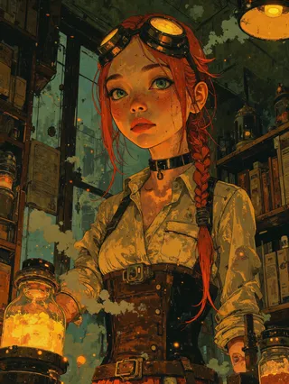Anime-style steampunk alchemist female with long braided copper hair and green eyes, wearing a Victorian corset and leather apron, holding a glowing vial in a laboratory filled with brass machinery and alchemical equipment.