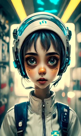 Close-up portrait of a young character with big eyes wearing a futuristic helmet, standing in an arcade environment with sci-fi lighting and fluorescent color accents.