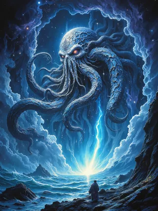 A colossal kraken with glowing eyes and textured tentacles rises from a cosmic maelstrom, surrounded by swirling nebula clouds and illuminated by a radiant aurora over a turbulent ocean.