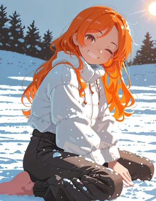 Smiling girl with long orange hair sitting in the snow wearing a white jacket and black pants in sunlight.