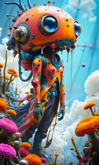 A surreal alien figure wearing a vibrant orange and blue biomechanical suit and a large robotic helmet stands amidst colorful, bulbous flora on a fantastic, otherworldly planet under a bright cloudy sky.
