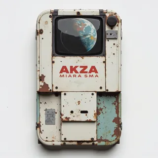 Close-up top-down photo of a rectangular rusted metal object with a screen showing a planet, weathered blue-green paint, and red lettering 'AKZA MIARA SMA'.