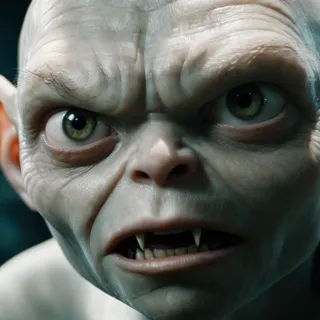 Close-up of a creepy, highly detailed face with large green eyes and sharp teeth, featuring cinematic grain and Kodak film style effects.