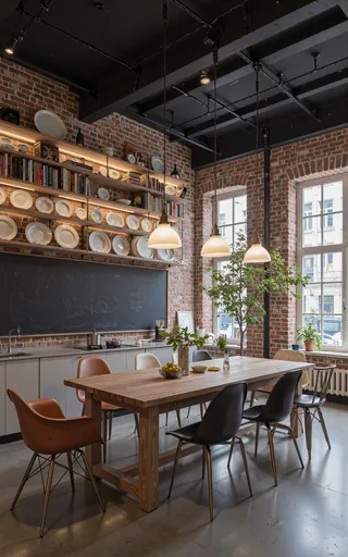 Open-concept industrial style kitchen with exposed brick walls, wooden dining table, mixed chairs, vintage pendant lights, open shelves with plates and books, and a blackboard wall with indoor plants.
