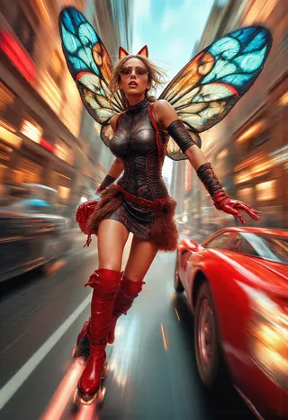 A young woman in an urban fantasy setting wearing roller skates and large colorful insect wings, skating quickly with a blurred city street and red sports car background.