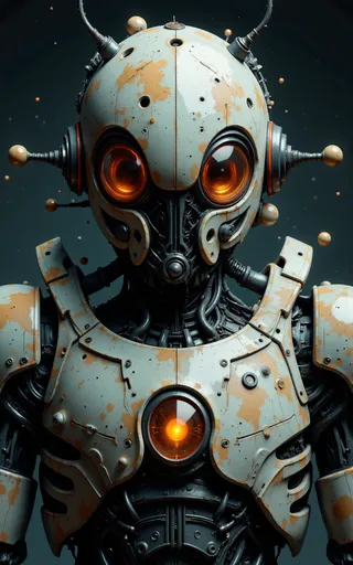 Photo-realistic cybernetic humanoid robot with rusted cream and dark blue mechanical armor, glowing orange energy orbs in eyes and chest, against dark background.