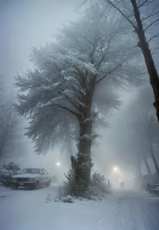 A winter scene featuring a snowy blizzard with large snow-covered trees, a parked car, illuminated street lamps, and a distant person walking on a snow-covered path amid a hazy, foggy atmosphere.