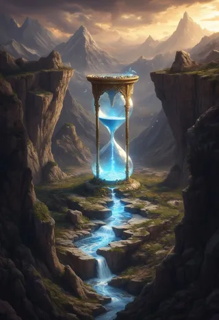 A giant hourglass with crystalline glass and golden engravings stands in a mountainous valley, spilling ethereal blue sand into a glowing stream under a dramatic, colorful sky.