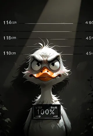 Grumpy white duck with an orange beak holding a black nameplate standing in front of a height chart under dramatic spotlight and shadow lighting.