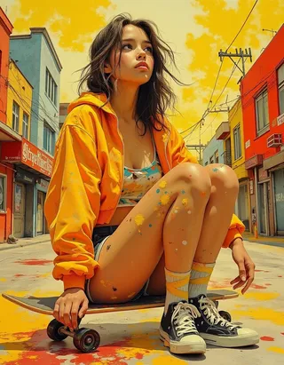 Young woman sitting on a skateboard in a colorful urban street, wearing a bright orange sports jacket and paint-splattered shorts, with a vivid yellow and red city background.