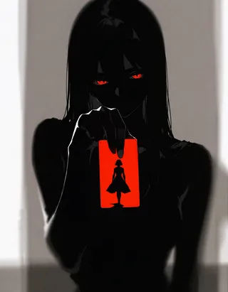 Dark silhouette of a faceless girl with black hair holding a bright red card with a black silhouette of a woman, set in a monochrome background with film grain effect.