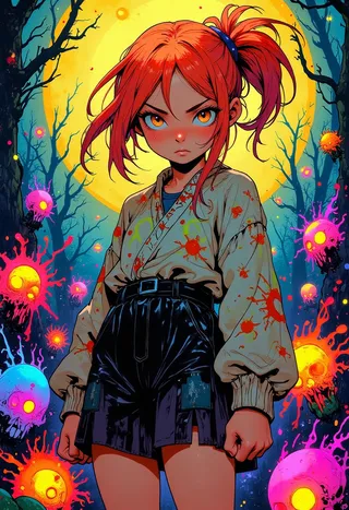 A defiant red-haired girl with intense hazel eyes stands in a psychedelic forest illuminated by a bright full moon, surrounded by glowing colorful skulls and eerie fungi.