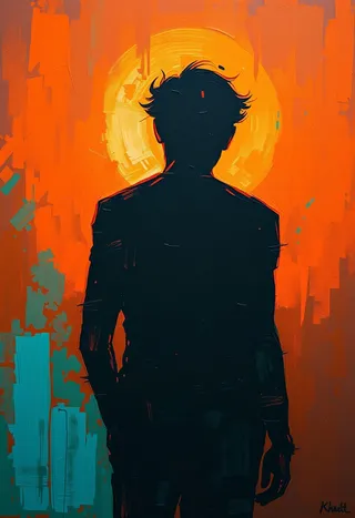 A Post-Impressionist style painting featuring a black silhouetted figure back-lit by a glowing terracotta orange circle, contrasted with teal accents in the background, and expressive brushstrokes creating textured surfaces.