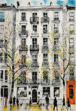 Artistic illustration of a Soho street building facade in spring with colorful blossoming trees, silhouettes walking, and an orange door.