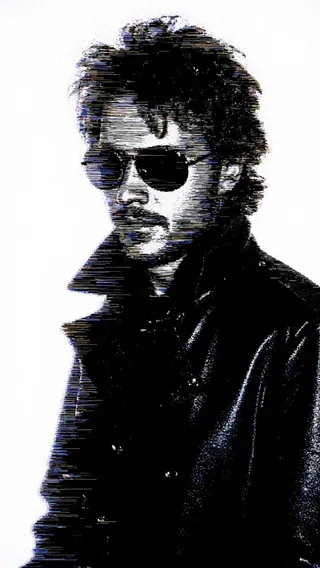 Circuit-bent glitch art portrait of a man wearing Oakley glasses and a leather trenchcoat, with spiky hair and digital distortion effects.