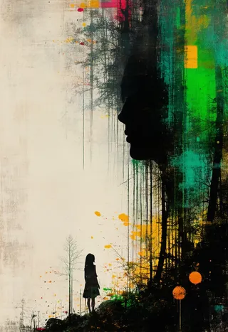 Abstract artwork featuring a silhouette of a young woman against a vibrant, three-color palette forest background inspired by Ashley Wood's style, with dynamic brush strokes and splashes.