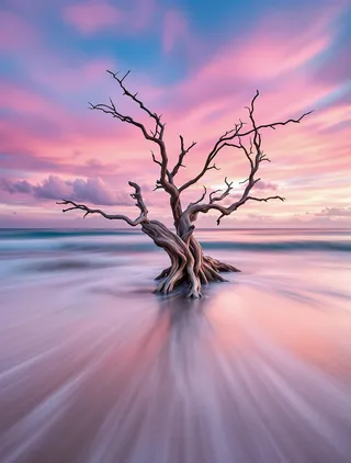 A lone weathered driftwood tree with twisted bare branches stands in shallow ocean waters during a vibrant pastel sunset, with pink, purple, and orange sky tones and soft waves creating a misty glow around the tree base