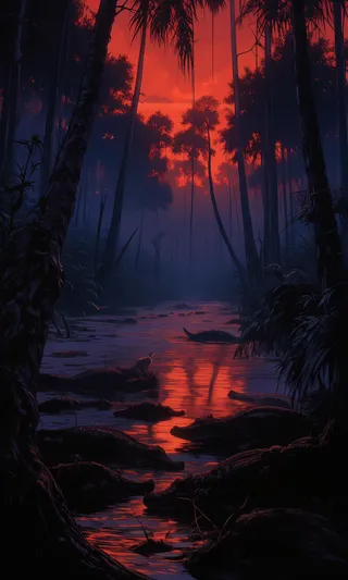 Dark swamp scene with towering cypress trees silhouetted against a crimson sunset, dense fog, and wild alligators resting in the murky water.