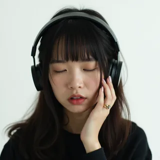 Photorealistic portrait of an Asian woman with closed eyes wearing black headphones, black shirt, and gold ring, against a neutral white background.