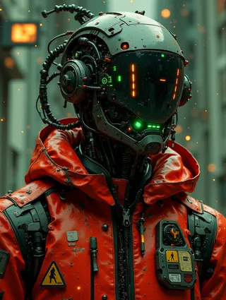 Cybernetic humanoid wearing a worn red jacket with mechanical and high-tech components, glowing green and orange lights on a black robotic face in a dystopian environment.